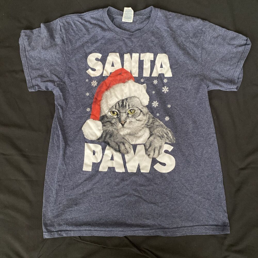 Santa Paws Shirt Christmas Cat Men’s Medium Blue Gray